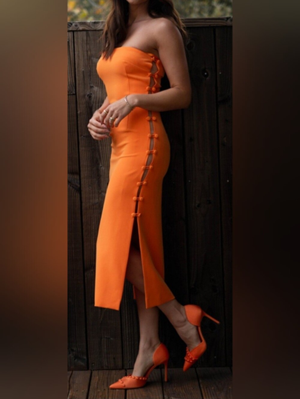 Gianni Bini Strapless Orange Midi Dress with Side Button Detail